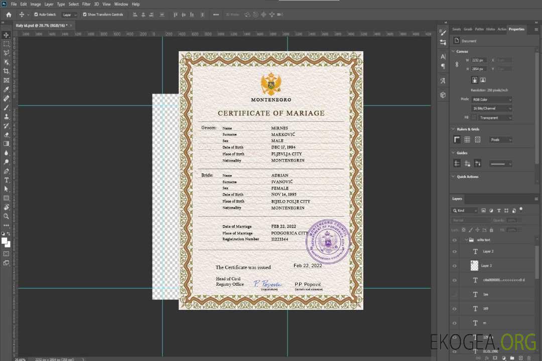 Modèle PSD de certificat de mariage du Monténégro template Modèle PSD de certificat de mariage du Monténégro template